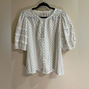Loft short-sleeved blouse tiered ruffle sleeves confetti dot pattern Size Large